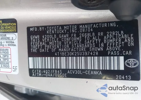 2005 Toyota Camry Le z USA, uszkodzony, nr VIN 4T1BE30K25U397428